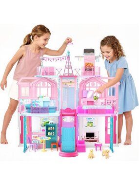 Foldable 3-Story Dollhouse with Elevator, 5 Rooms, Kids Playhouse Toy